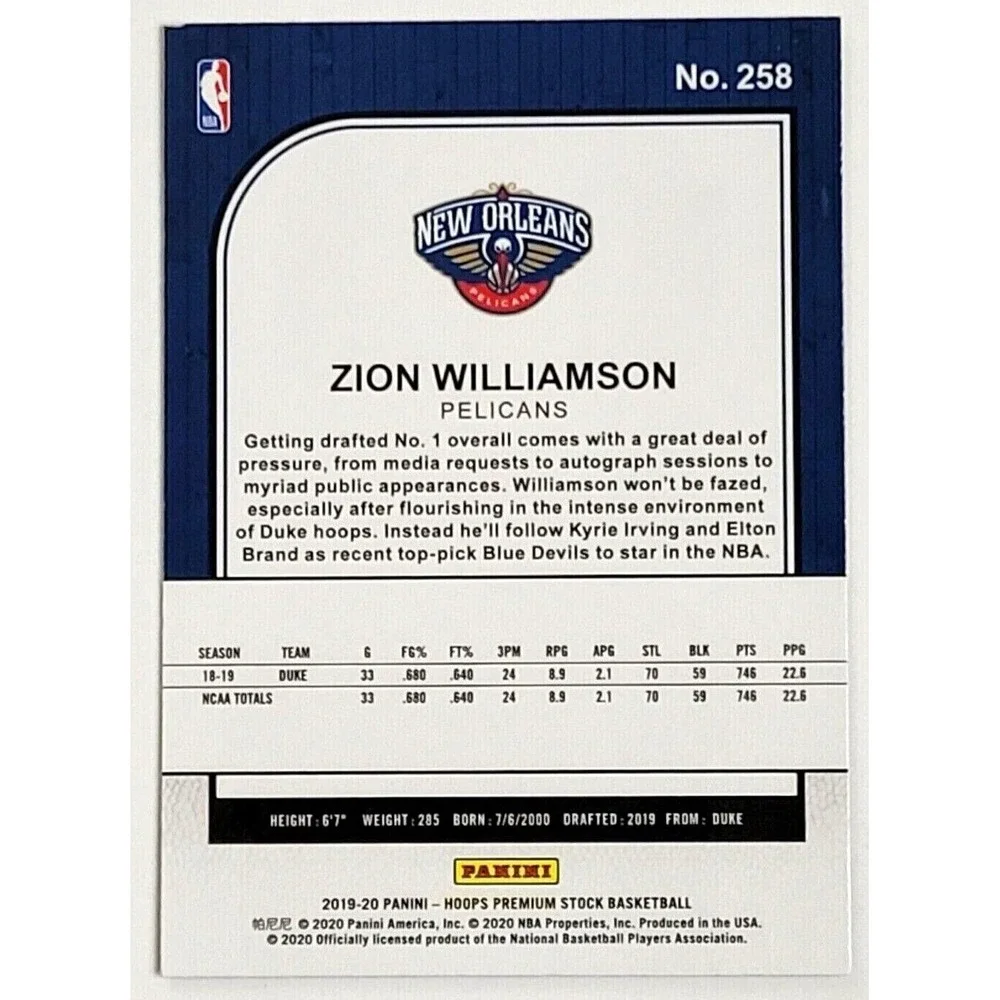 2019-20 NBA HOOPS PREMIUM STOCK ZION WILLIAMSON ROOKIE CARD NEW ORLEANS PELICANS